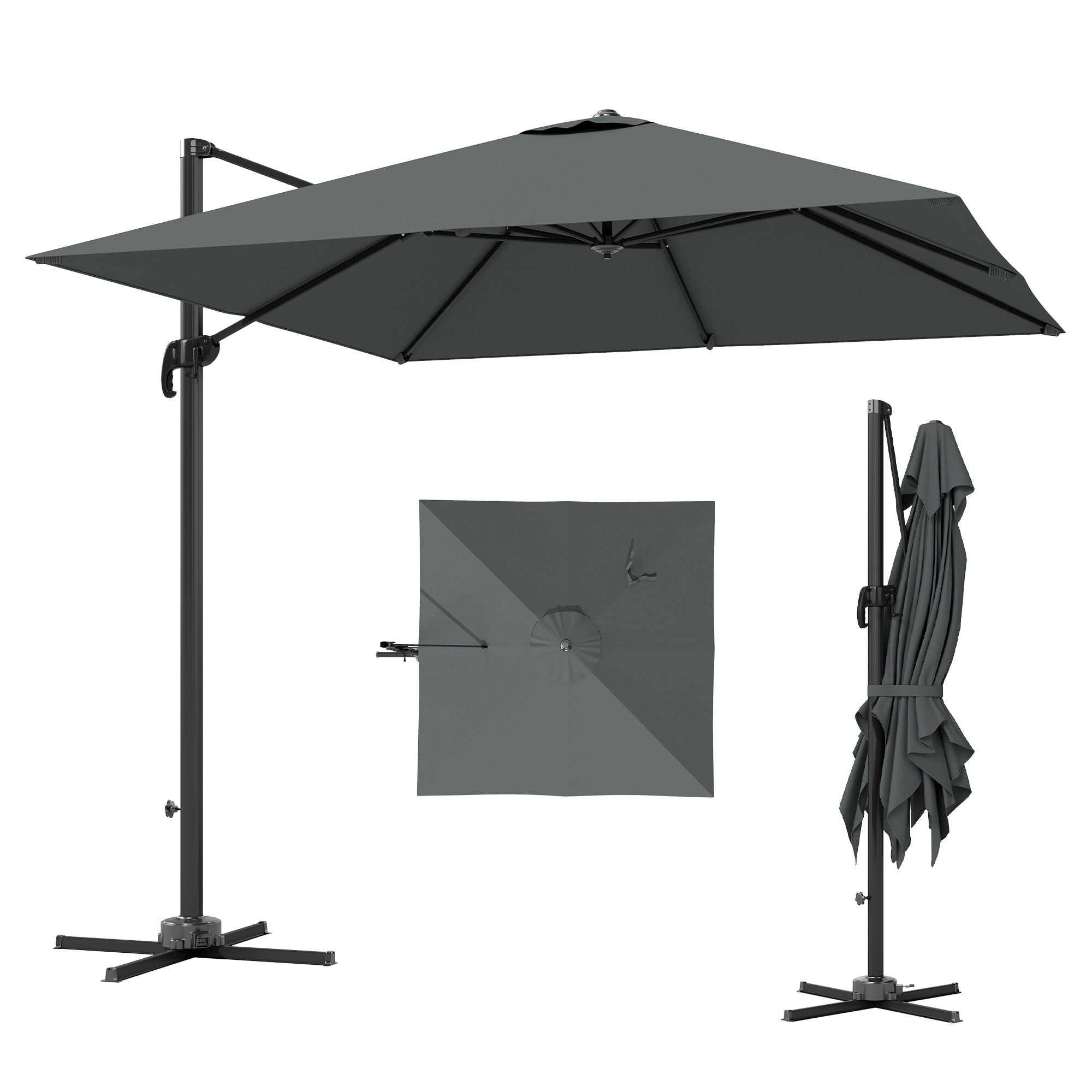 Outsunny 8' Square Cantilever Umbrella, UPF50 , 360° Rotation, Dark Grey