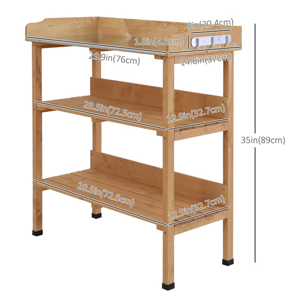 Outdoor Potting Bench, Wooden Potting Table with Storage Shelf, Metal Table Top, Hooks for Backyard, Patio, Balcony, Natural