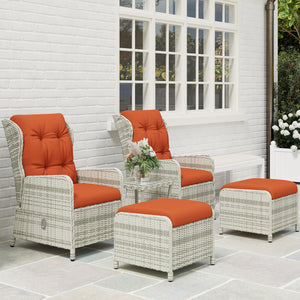 5 Pieces Rattan Bistro Set with Adjustable Back, Reclining Wicker Balcony Furniture with Cushions, Glass Top Coffee Table and Footstools, Outdoor Table and Chairs, Orange