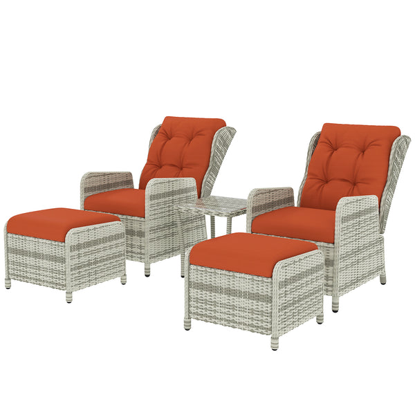 5 Pieces Rattan Bistro Set with Adjustable Back, Reclining Wicker Balcony Furniture with Cushions, Glass Top Coffee Table and Footstools, Outdoor Table and Chairs, Orange