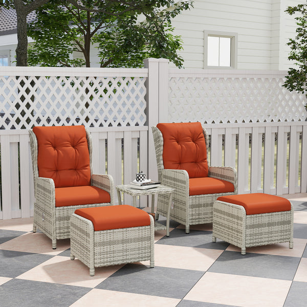 5 Pieces Rattan Bistro Set with Adjustable Back, Reclining Wicker Balcony Furniture with Cushions, Glass Top Coffee Table and Footstools, Outdoor Table and Chairs, Orange