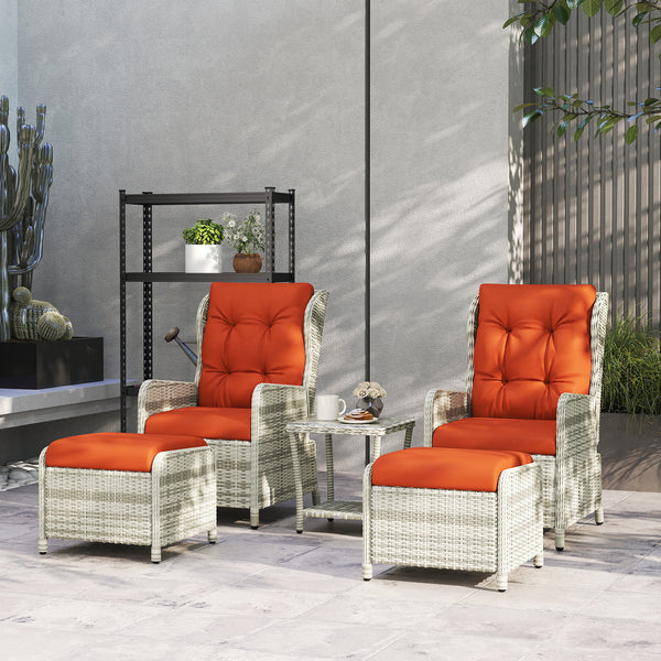 5 Pieces Rattan Bistro Set with Adjustable Back, Reclining Wicker Balcony Furniture with Cushions, Glass Top Coffee Table and Footstools, Outdoor Table and Chairs, Orange