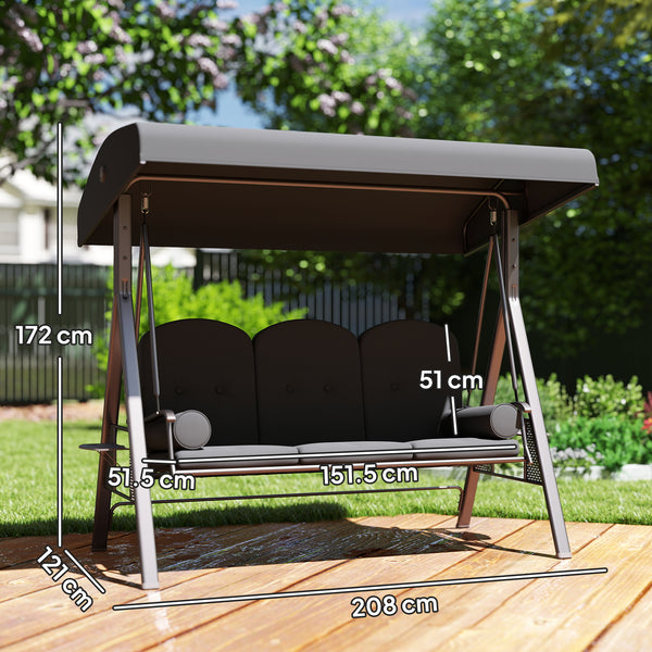 3 Seater Canopy Swing Chair, Outdoor Garden Swing Seat with Adjustable Canopy, Cushions and Cup Trays, Steel Frame, Dark Grey