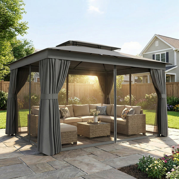 10' x 12.5' Outdoor Gazebo with Curtains and Netting, Double Roof Patio Gazebo Permanent Pavilion Canopy Shelter with Metal Frame, Hooks, UPF30+ Protection, Dark Grey