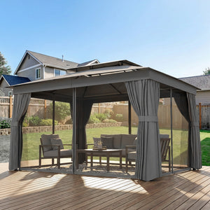 10' x 12.5' Outdoor Gazebo with Curtains and Netting, Double Roof Patio Gazebo Permanent Pavilion Canopy Shelter with Metal Frame, Hooks, UPF30+ Protection, Dark Grey