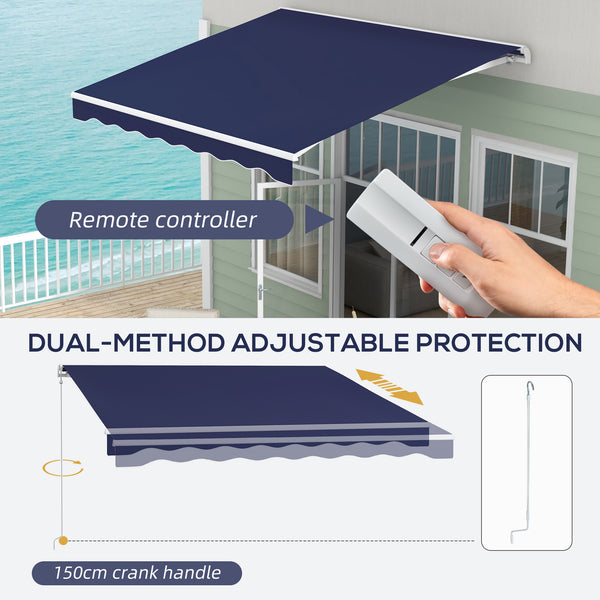 Outsunny 10' x 8' Electric Awning, Retractable Awning, UV Protection Sun Shade Shelter with Remote Controller and Manual Crank Handle for Deck, Balcony, Yard, Dark Blue