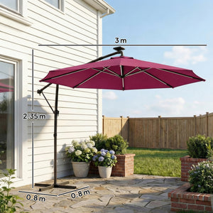 3 m Garden Cantilever Parasol with LED Solar Light, Round Overhanging Umbrella with 6-Position 360° Rotation, Crank Handle, Tilt, Cover, Banana Patio Umbrella for Outdoor Sun Shade, Wine Red