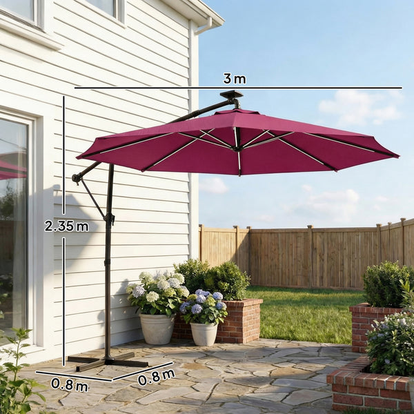 3 m Garden Cantilever Parasol with LED Solar Light, Round Overhanging Umbrella with 6-Position 360° Rotation, Crank Handle, Tilt, Cover, Banana Patio Umbrella for Outdoor Sun Shade, Wine Red