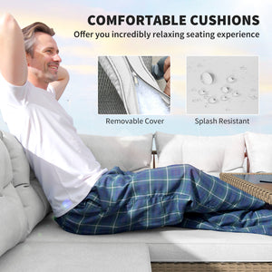 6 Piece Rattan Garden Furniture Set, 8 Seater Garden Corner Sofa with Cushions and Glass Top Table, Sectional Outdoor Furniture Conservatory Set for Patio, Cream White