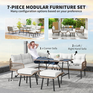6 Piece Rattan Garden Furniture Set, 8 Seater Garden Corner Sofa with Cushions and Glass Top Table, Sectional Outdoor Furniture Conservatory Set for Patio, Cream White