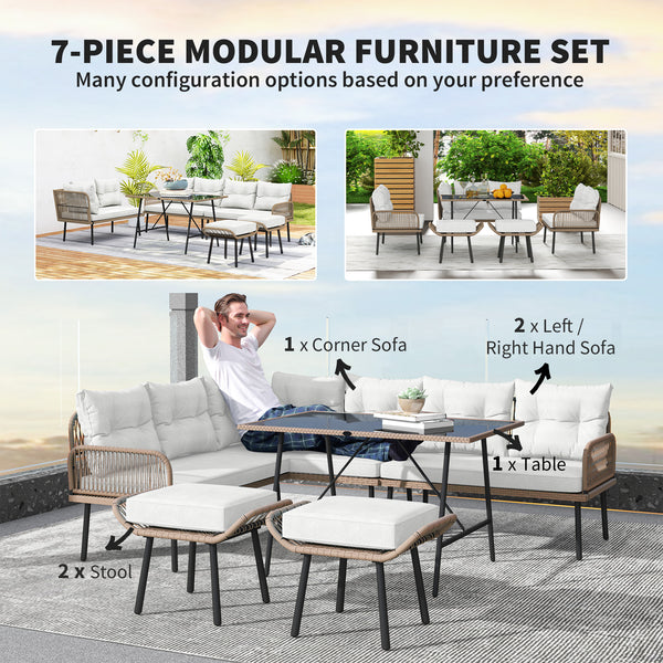 6 Piece Rattan Garden Furniture Set, 8 Seater Garden Corner Sofa with Cushions and Glass Top Table, Sectional Outdoor Furniture Conservatory Set for Patio, Cream White