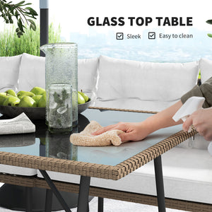6 Piece Rattan Garden Furniture Set, 8 Seater Garden Corner Sofa with Cushions and Glass Top Table, Sectional Outdoor Furniture Conservatory Set for Patio, Cream White