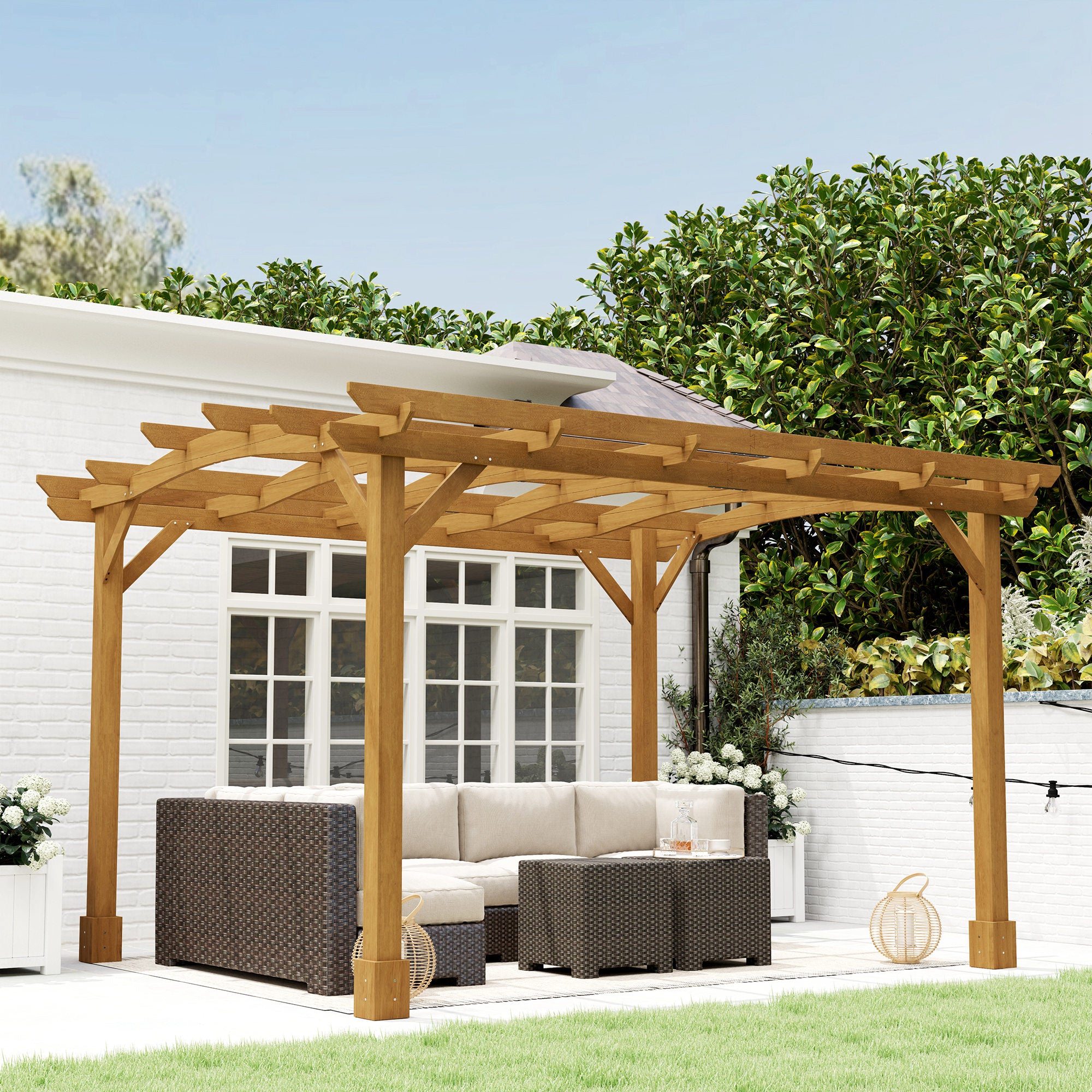 wood trellis overhang Outsunny 10' x 12' Wood Pergola, Outdoor Gazebo Grape Trellis with Arched Roof for Climbing Plant Support, Dark Brown