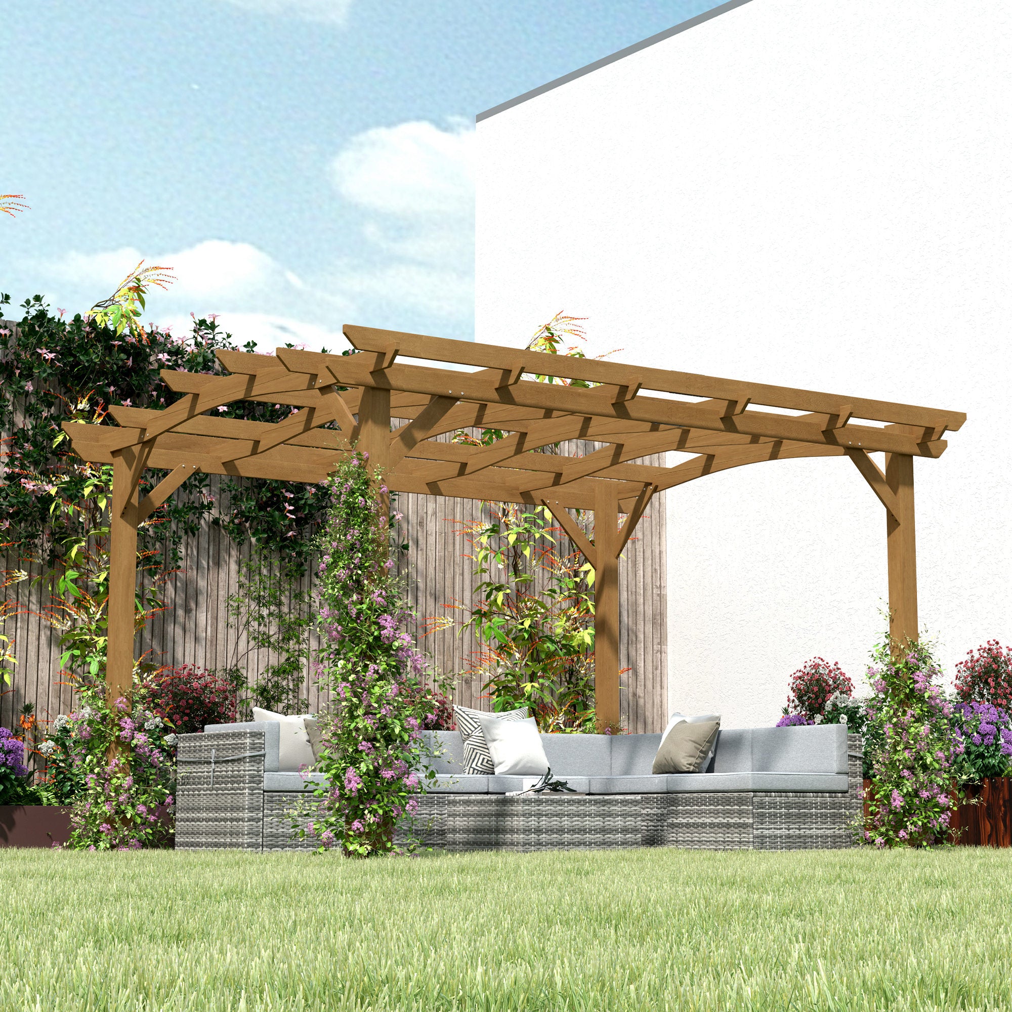 wood trellis overhang Outsunny 10' x 12' Wood Pergola, Outdoor Gazebo Grape Trellis with Arched Roof for Climbing Plant Support, Dark Brown