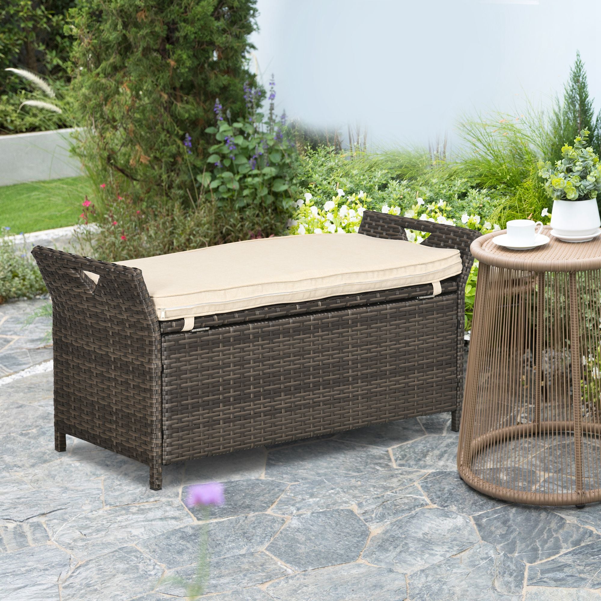 Outsunny 27 Gallon Outdoor Wicker Storage Bench with Handles and