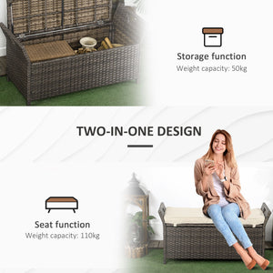 Outsunny 27 Gallon Patio Wicker Storage Bench, Outdoor PE Rattan Patio Furniture, 2-In-1 Large Capacity Rectangle Garden Storage Box with Handles and Cushion, Cream White