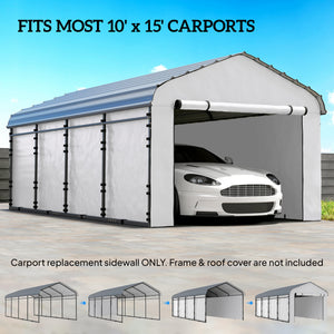 Carport Replacement Sidewall Panels Set of 4 for 10' x 15' Carports, UPF50+ Waterproof PE Tarp Replacement Side Wall Cover with Zipper Door, Top Cover and Frame Not Included, White