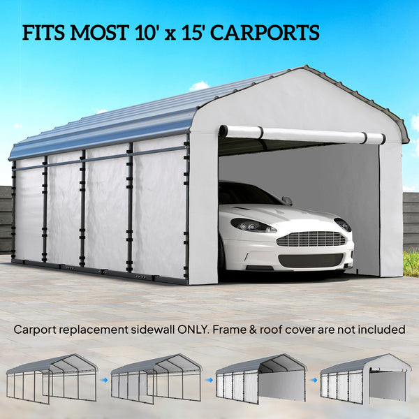 Carport Replacement Sidewall Panels Set of 4 for 10' x 15' Carports, UPF50+ Waterproof PE Tarp Replacement Side Wall Cover with Zipper Door, Top Cover and Frame Not Included, White