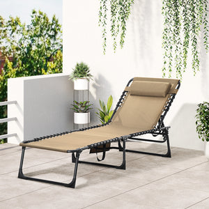 Folding Lounge Chair, Reclining Tanning Chair, Portable Sun Lounger with Adjustable Backrest and Removable Pillow for Patio, Garden, Beach, Beige