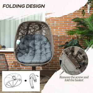 Swivel Egg Chair with Cushions, Foldable Basket Seat and Metal Frame, Indoor Outdoor Lounge Chair for Balcony, Patio and Living Room, Grey