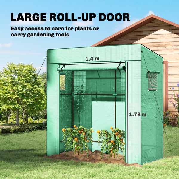 Lean-to Tomato Greenhouse with PE Cover, Walk-in Green House with Roll-up Door and 2 Mesh Windows, Portable Plant Grow House for Indoor Outdoor, 77.2"x30.3"x77.6", Green