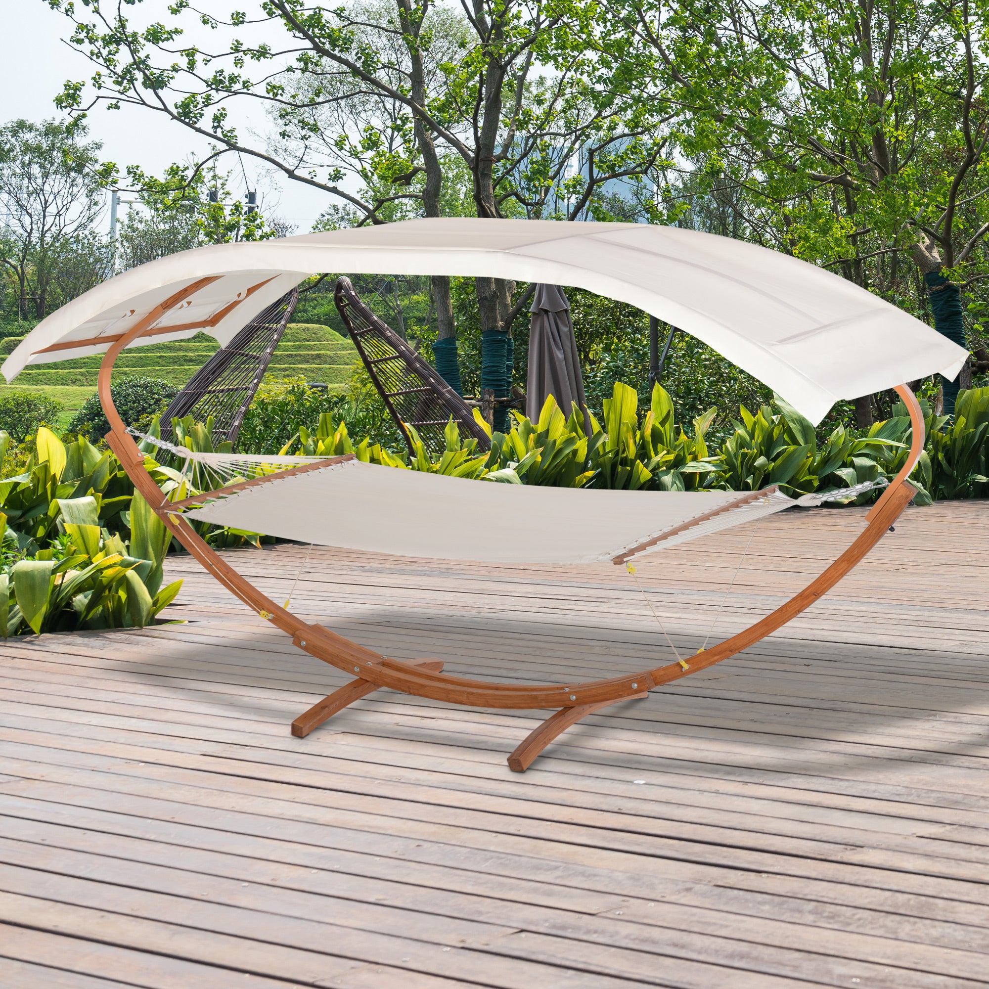 Outsunnny Person Wood Swing Arc Hammock Bed and Stand Set with