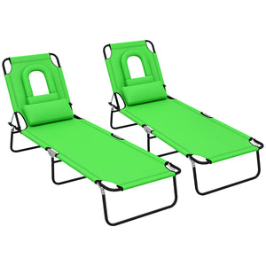2PCS Adjustable Outdoor Lounge Chair, Garden Folding Chaise Lounge with Face Hole Reclining Tanning Chair Seat, Folding Camping Beach Lounging Bed w/ Head Support, Green