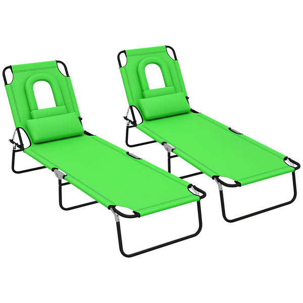 2PCS Adjustable Outdoor Lounge Chair, Garden Folding Chaise Lounge with Face Hole Reclining Tanning Chair Seat, Folding Camping Beach Lounging Bed w/ Head Support, Green
