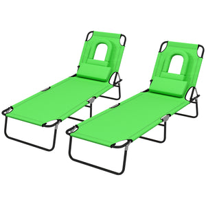 2PCS Adjustable Outdoor Lounge Chair, Garden Folding Chaise Lounge with Face Hole Reclining Tanning Chair Seat, Folding Camping Beach Lounging Bed w/ Head Support, Green