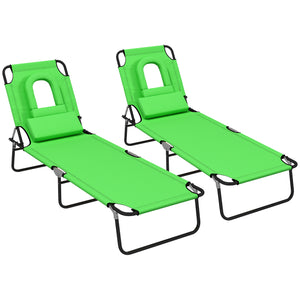 2PCS Adjustable Outdoor Lounge Chair, Garden Folding Chaise Lounge with Face Hole Reclining Tanning Chair Seat, Folding Camping Beach Lounging Bed w/ Head Support, Green