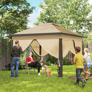 11' x 11' Pop Up Canopy, Double Roof Foldable Canopy Tent with Zipper Mesh Sidewalls, Height Adjustable and Carrying Bag, Event Tent for Patio Garden Backyard, Beige