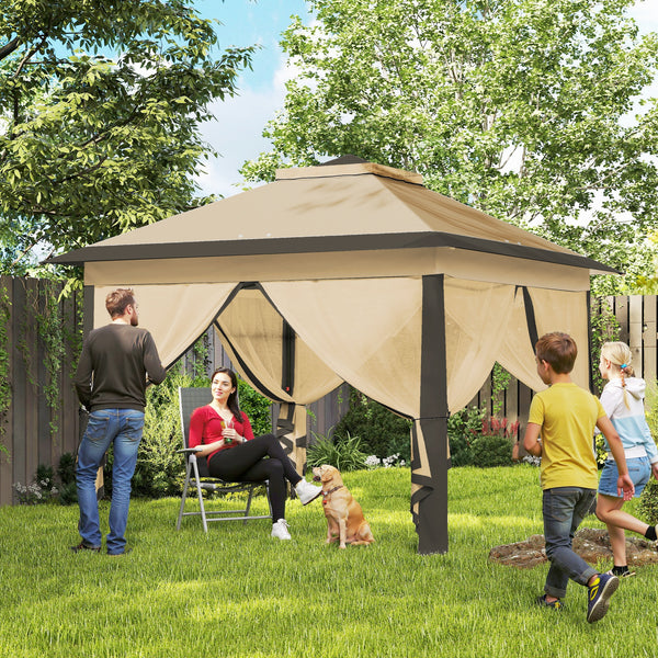 11' x 11' Pop Up Canopy, Double Roof Foldable Canopy Tent with Zipper Mesh Sidewalls, Height Adjustable and Carrying Bag, Event Tent for Patio Garden Backyard, Beige