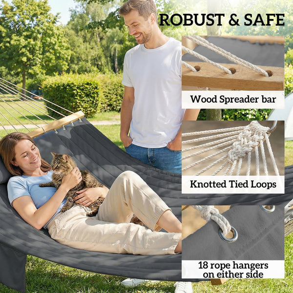 Outdoor Hammock, 2-Person Hammock with Head Pillow and Pad, Wood Spreader Bars, 440 lbs Capacity, for Patio Yard Garden, 128" x 55", Gray