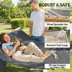 Double Hammock 2-Person with Pillow and Pad, Extra Large 200 x 140 cm, Load Capacity 200 kg, Swing Bed for Patio Porch Garden Lounging Outdoor and Indoor Grey