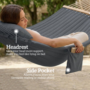 Outdoor Hammock, 2-Person Hammock with Head Pillow and Pad, Wood Spreader Bars, 440 lbs Capacity, for Patio Yard Garden, 128" x 55", Gray