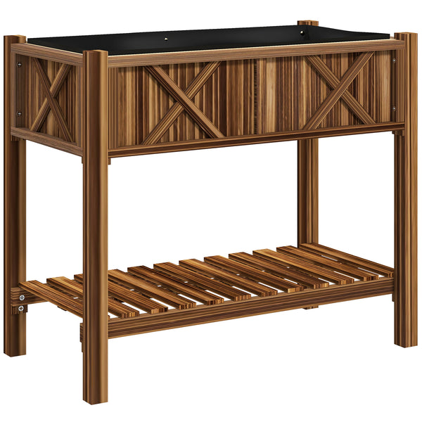 Wooden Raised Garden Bed, Elevated Planter Box with Storage Shelf, Drainage Holes and Liner for Backyard, Patio, Balcony, 34" x 18" x 30", Carbonized