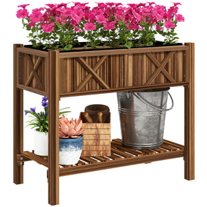 Wooden Raised Garden Bed, Elevated Planter Box with Storage Shelf, Drainage Holes and Liner for Backyard, Patio, Balcony, 34" x 18" x 30", Carbonized