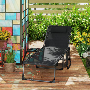 Folding Chaise Lounge Chair Outdoor Tanning Chair with Side Table, 5-Level Adjustable Beach Lounge Chair with Headrest, Side Pocket for Patio, Backyard, Beach, Poolside, Black