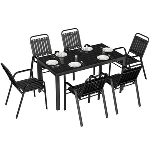 Garden Table and Chairs Set for 6 with Umbrella Hole, 7 Pieces Outdoor Dining Set with Rectangular Metal Slatted Tabletop and Stackable Chairs for Patio Porch, Black