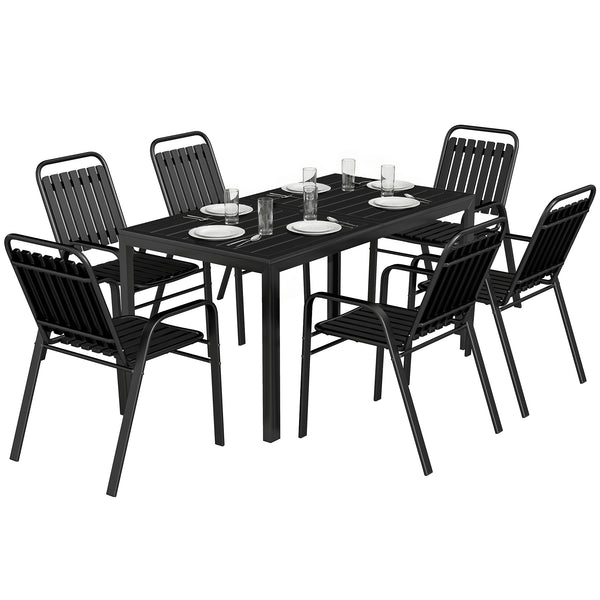 Garden Table and Chairs Set for 6 with Umbrella Hole, 7 Pieces Outdoor Dining Set with Rectangular Metal Slatted Tabletop and Stackable Chairs for Patio Porch, Black