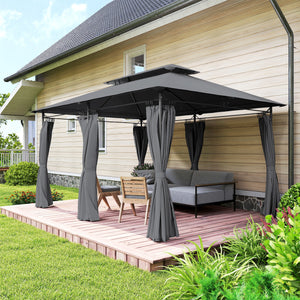  10' x 13' Patio Gazebo, Double Roof Outdoor Gazebo Canopy Shelter with Curtains, Solid Metal Frame for Garden, Lawn, Backyard and Deck, Grey