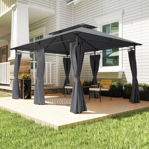 10' x 13' Patio Gazebo, Double Roof Outdoor Gazebo Canopy Shelter with Curtains, Solid Metal Frame for Garden, Lawn, Backyard and Deck, Grey