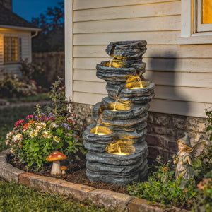 Outdoor Fountain with 6-Tier Rock Design, Cascading Waterfall Feature with LED Lights, Resin Freestanding Garden Fountain for Patio Balcony, Grey