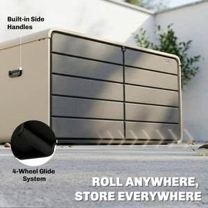 757 L Garden Storage Box, HDPE Deck Box with Wheels, Lockable Lid, Pneumatic Gas Rods and Side Handles, Outdoor Patio Storage Container for Garden Tools, Beige and Grey