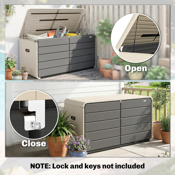757 L Garden Storage Box, HDPE Deck Box with Wheels, Lockable Lid, Pneumatic Gas Rods and Side Handles, Outdoor Patio Storage Container for Garden Tools, Beige and Grey