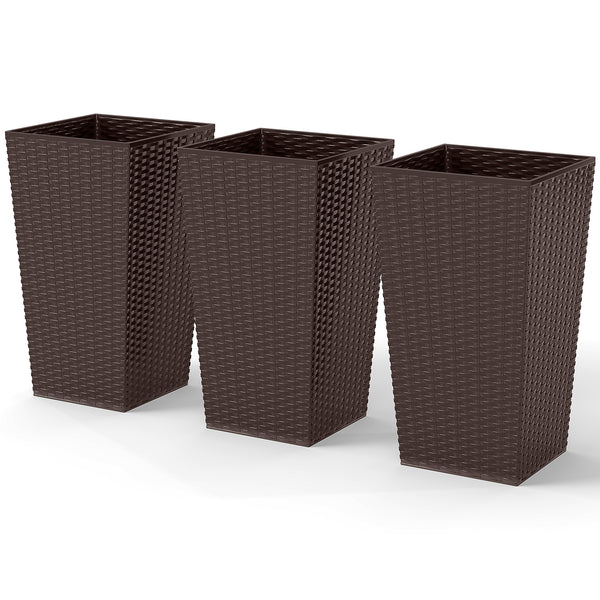 Set of 3 Tall Planters for Outdoor Plants with Drainage Hole, Indoor Outdoor Planter Flower Pot Set for Front Door, Entryway, Patio and Deck, Brown