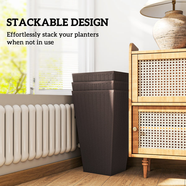 Set of 3 Tall Planters for Outdoor Plants with Drainage Hole, Indoor Outdoor Planter Flower Pot Set for Front Door, Entryway, Patio and Deck, Brown