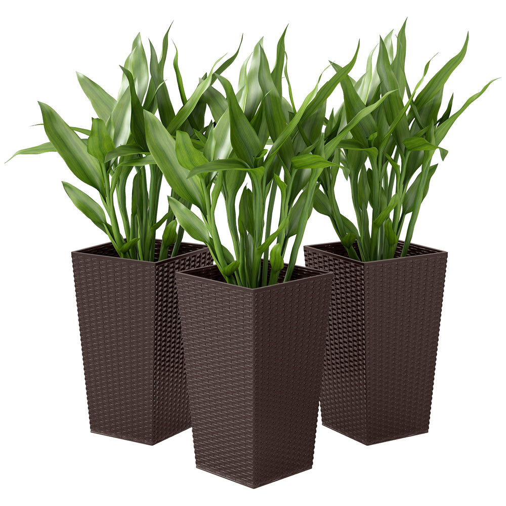 Set of 3 Tall Planters for Outdoor Plants with Drainage Hole, Indoor Outdoor Planter Flower Pot Set for Front Door, Entryway, Patio and Deck, Brown