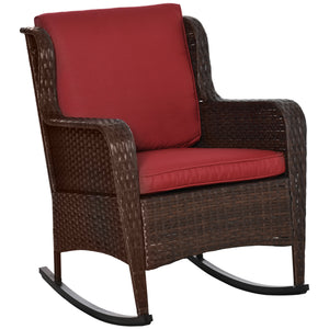 Outsunny Outdoor Wicker Rocking Chair with Wide Seat, Thick Cushions, Rattan Rocker with Steel Frame, High Weight Capacity for Patio, Garden, Backyard, Wine Red