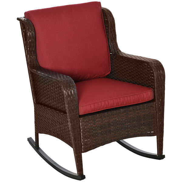 Outsunny Outdoor Wicker Rocking Chair with Wide Seat, Thick Cushions, Rattan Rocker with Steel Frame, High Weight Capacity for Patio, Garden, Backyard, Wine Red